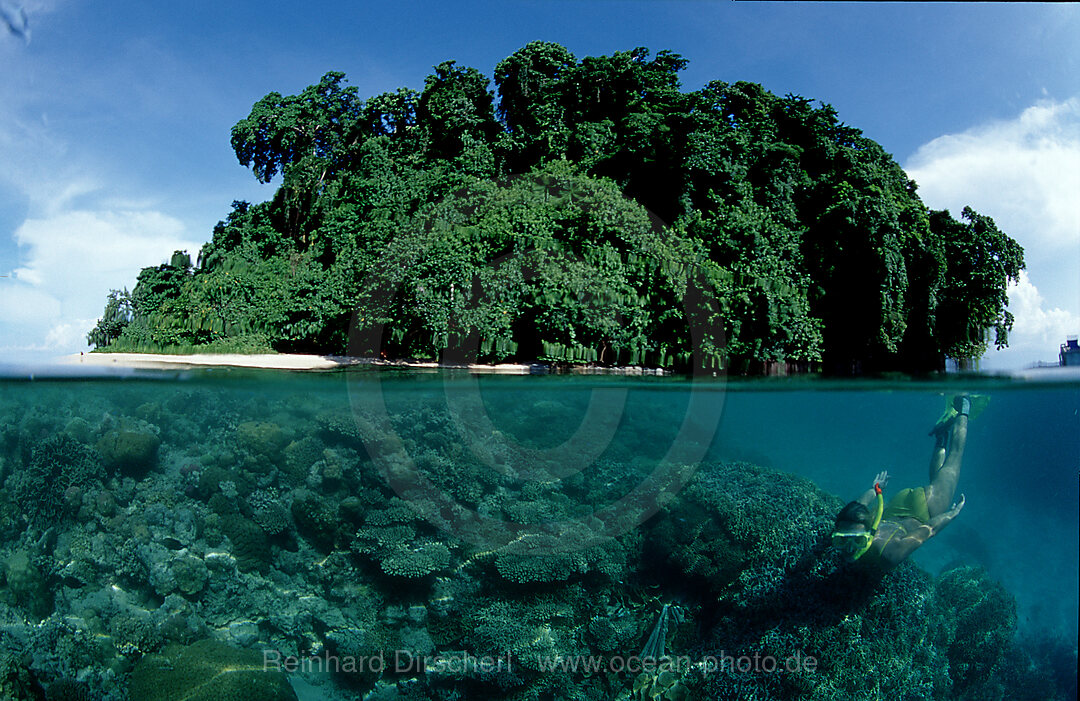 Snorkeling near an tropical island, Scin diver, split image, Pacific ocean, Papua New Guinea