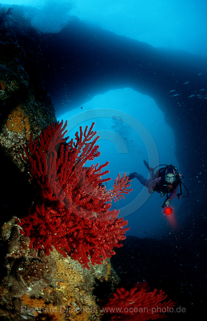 Taucher vor unterseeischem Torbogen, Mittelmeer, Marseille, Frankreich