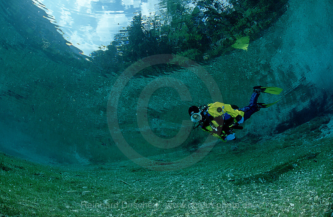 Scuba Diver in a mountain lake, Steiermark, Gruener See, Austria