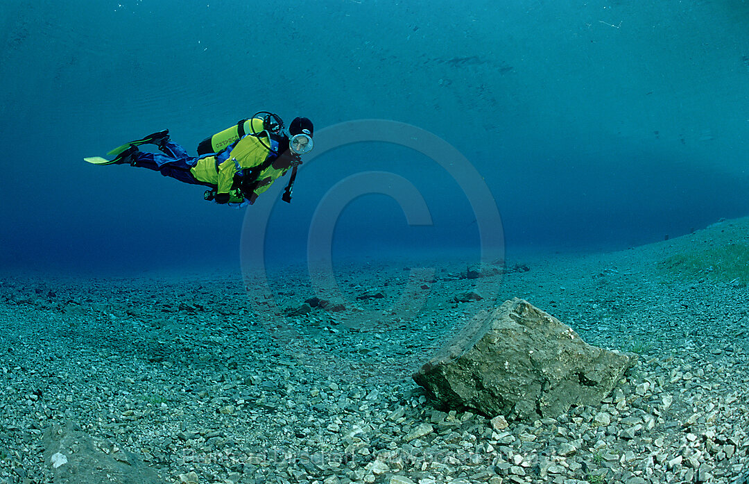 Scuba Diver in a mountain lake, Steiermark, Gruener See, Austria