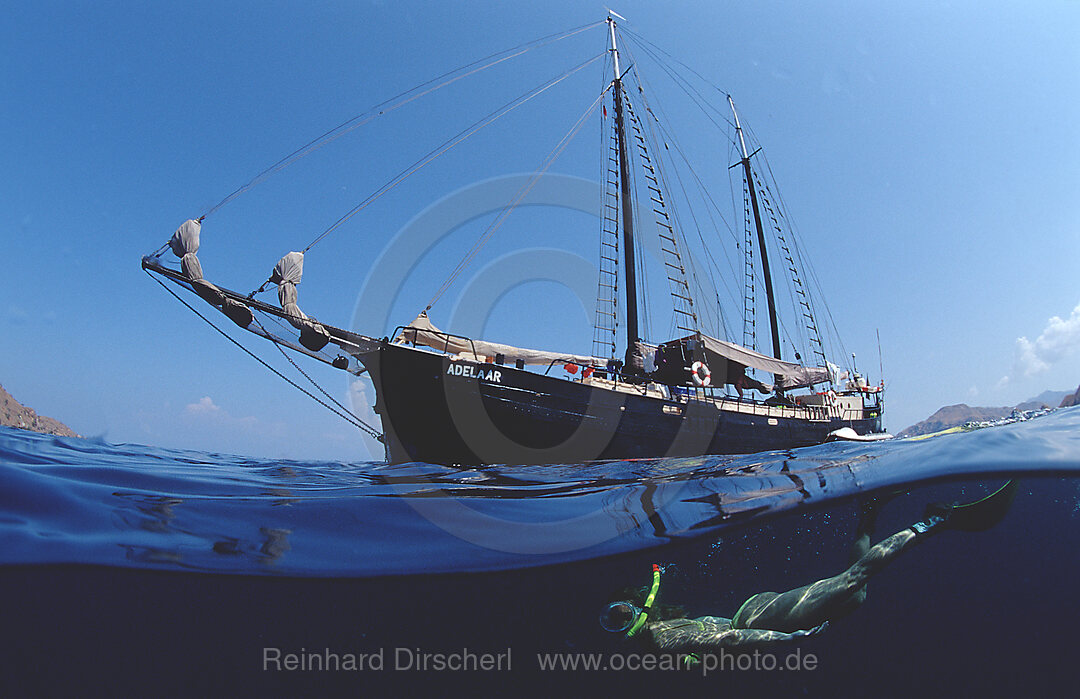 Sailing Ship, Tall Ship Adelaar and Scin Diver, Split Image, Indian Ocean, Komodo National Park, Indonesia