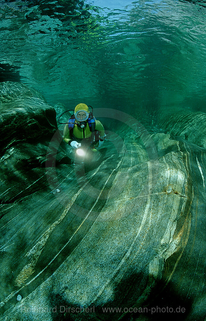 Scuba diving in a freshwater river, scuba diver, Verzasca, Verzasca Valley, Verzasca river, Switzerland, Tessin