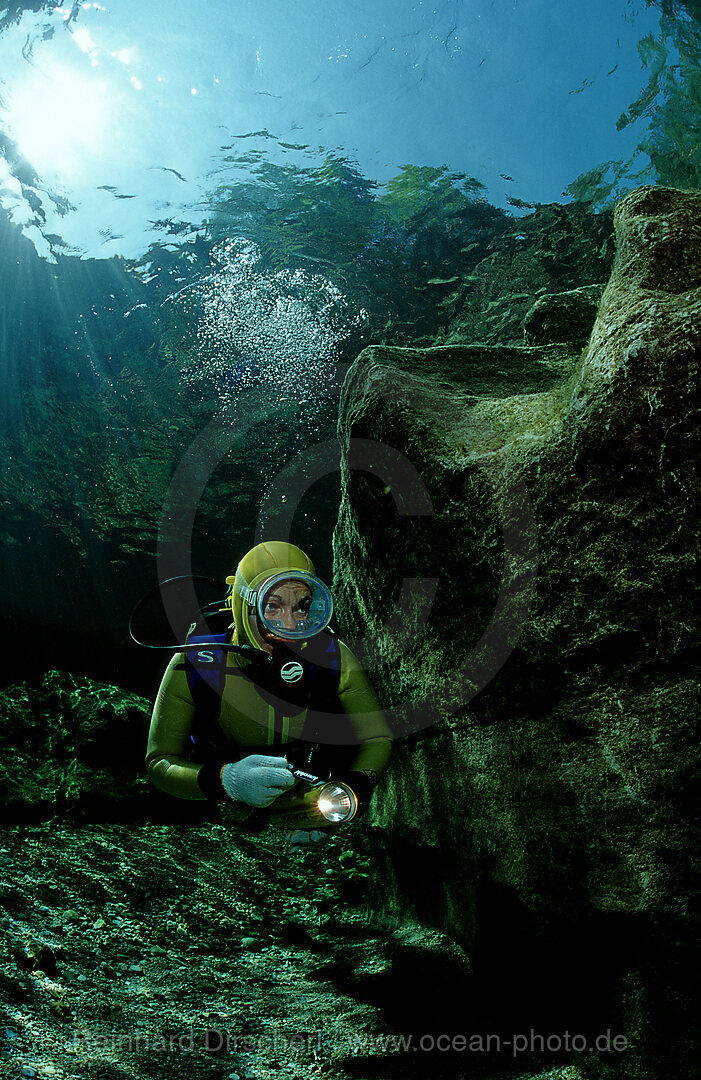 Scuba diving in a freshwater river, scuba diver, traun, Steiermark, Gruener See, Austria