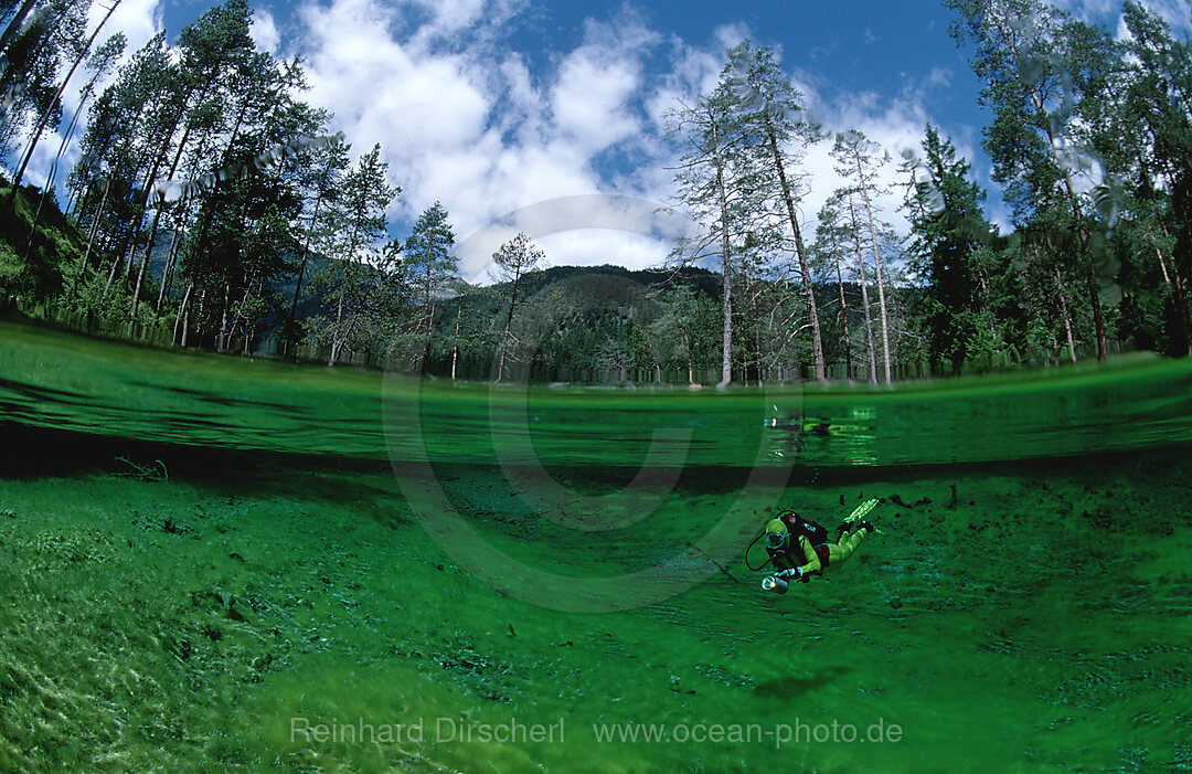 Gebirgs-Quelle, Gebirgssee und Taucher