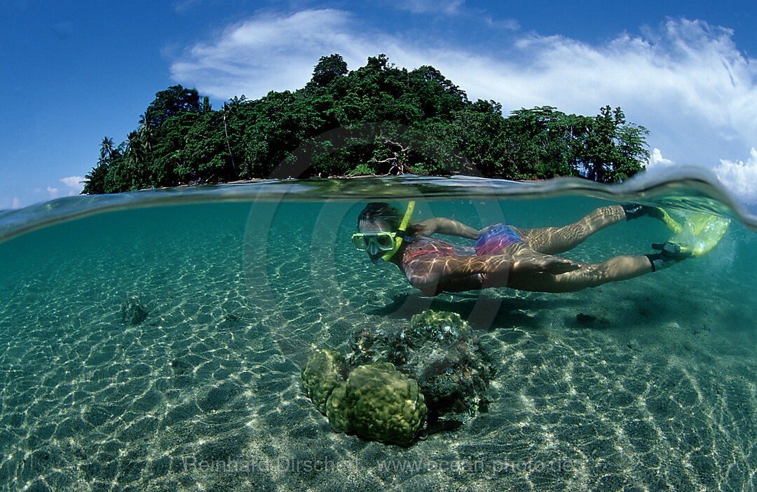Snorkeling, scin diver, split image