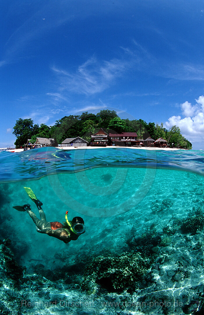 Skindiving, Skin diver, split image, Pazifik, Pacific ocean, Borneo, Sipadan, Malaysia