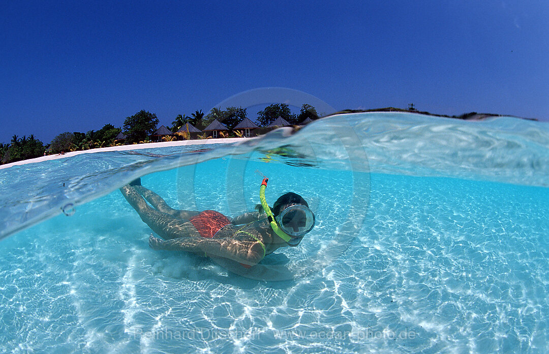 Snorkeling woman near maldives island Kuredu, Indian Ocean, Lhaviyani Atoll, Kuredu, Maldives Island