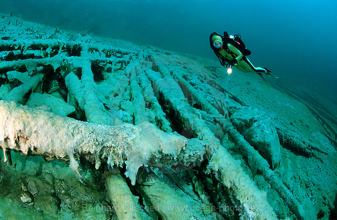 Scuba diver in mountain lake