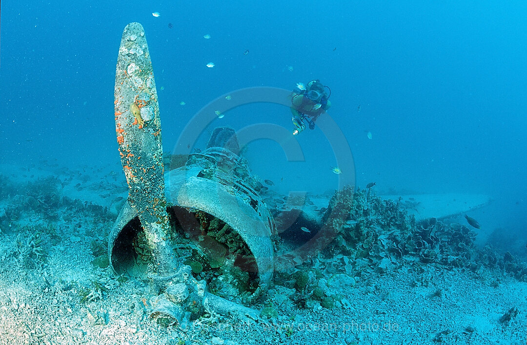 Sunken aeroplane and scuba diver