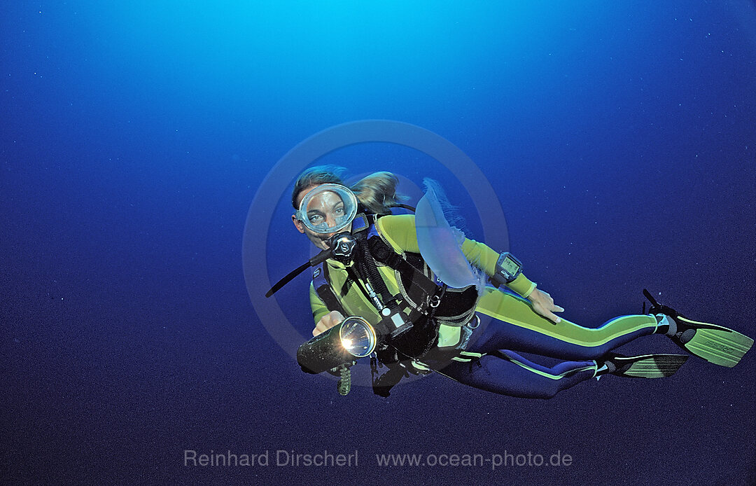 Scuba diver watches Moon Jellyfish
