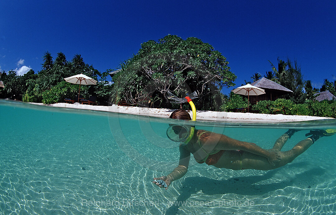 Schnorcheln am Strand vor Resort, Wakatobi Dive Resort, Sulawesi, Indischer Ozean, Bandasee, Indonesien