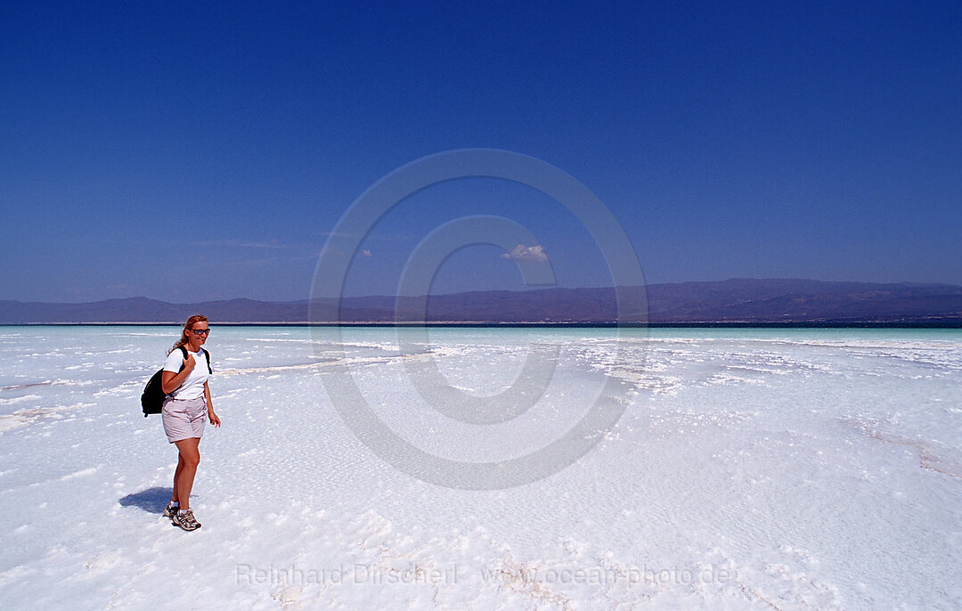 Tourist at Lac Assal, Lake Assal