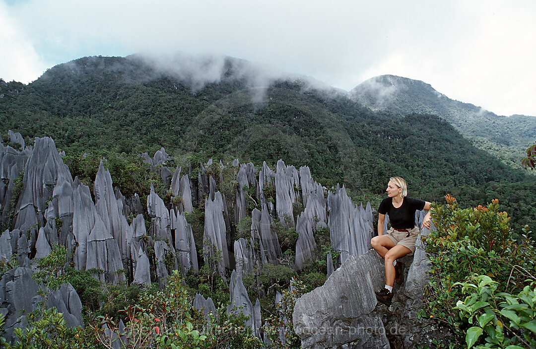 Tourist on Limestone pinnacles