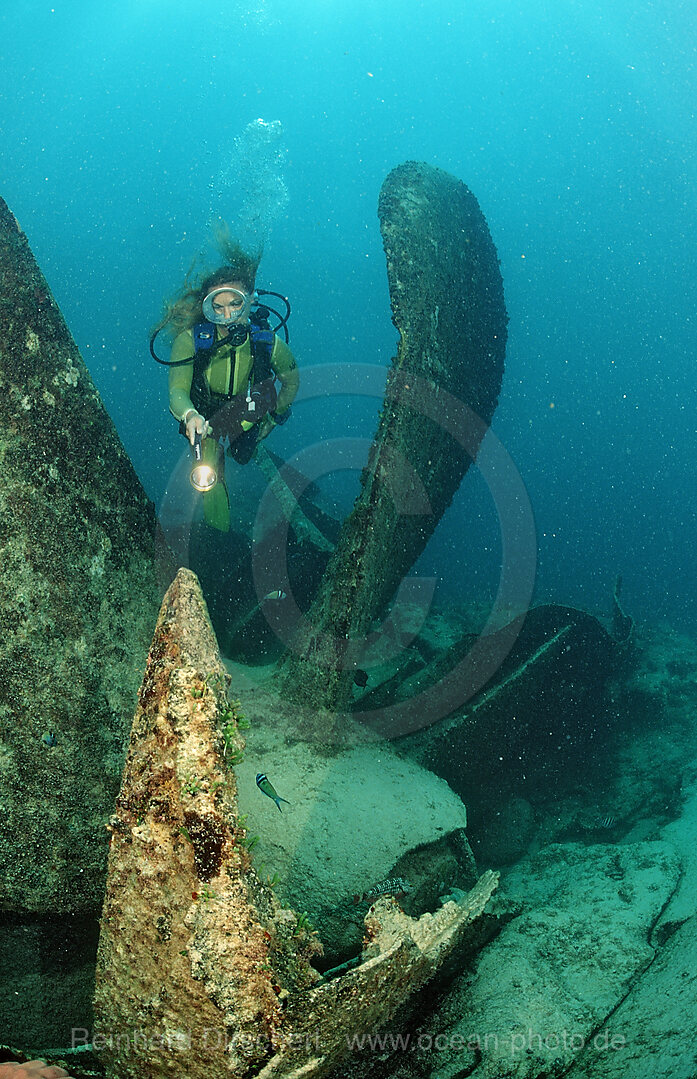 Taucher und Schiffsschraube des Wracks Astron, Parapriacanthus ransonneti, Punta Cana, Karibisches Meer, Dominikanische Republik