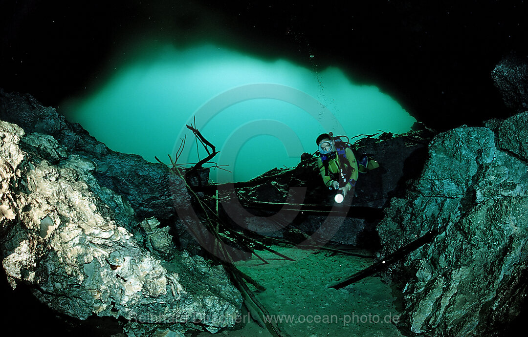 Scuba diver in underwater cave Laguna Pepe, Punta Cana, Freshwater, Dominican Republic