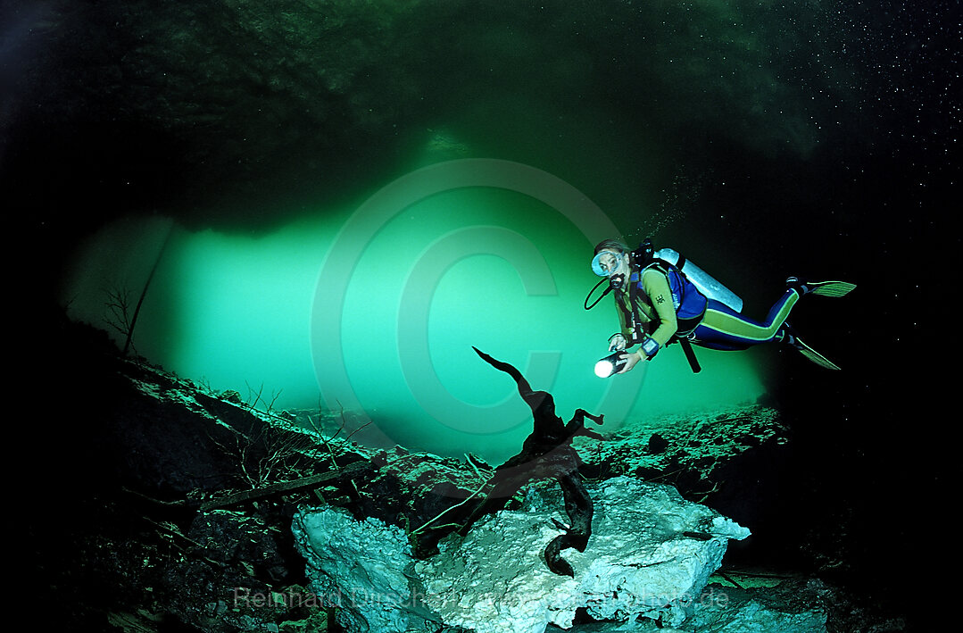 Scuba diver in underwater cave Laguna Pepe, Punta Cana, Freshwater, Dominican Republic