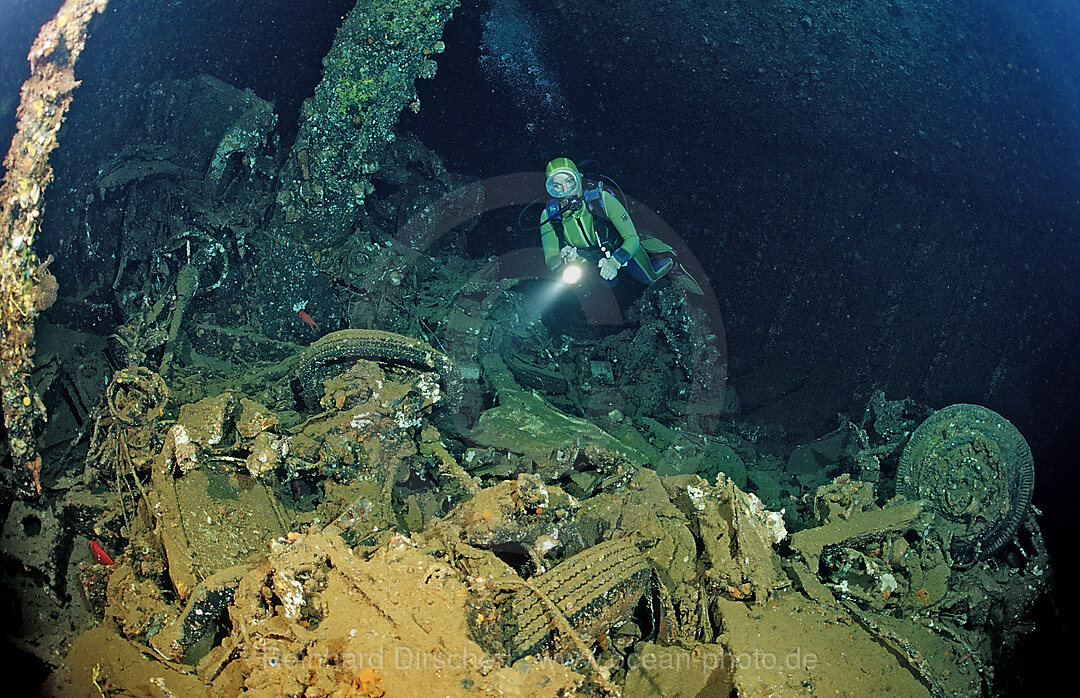 Scuba diver and Truck wreck in Blue Belt shipwreck