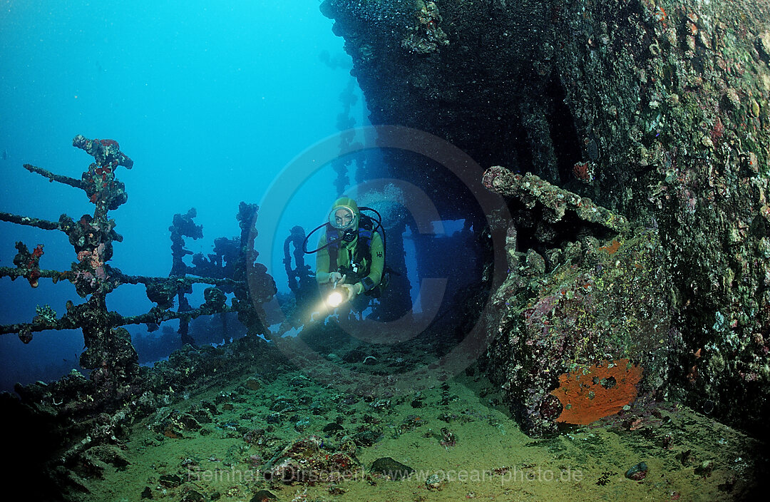 Scuba diver diving on Umbria shipwreck