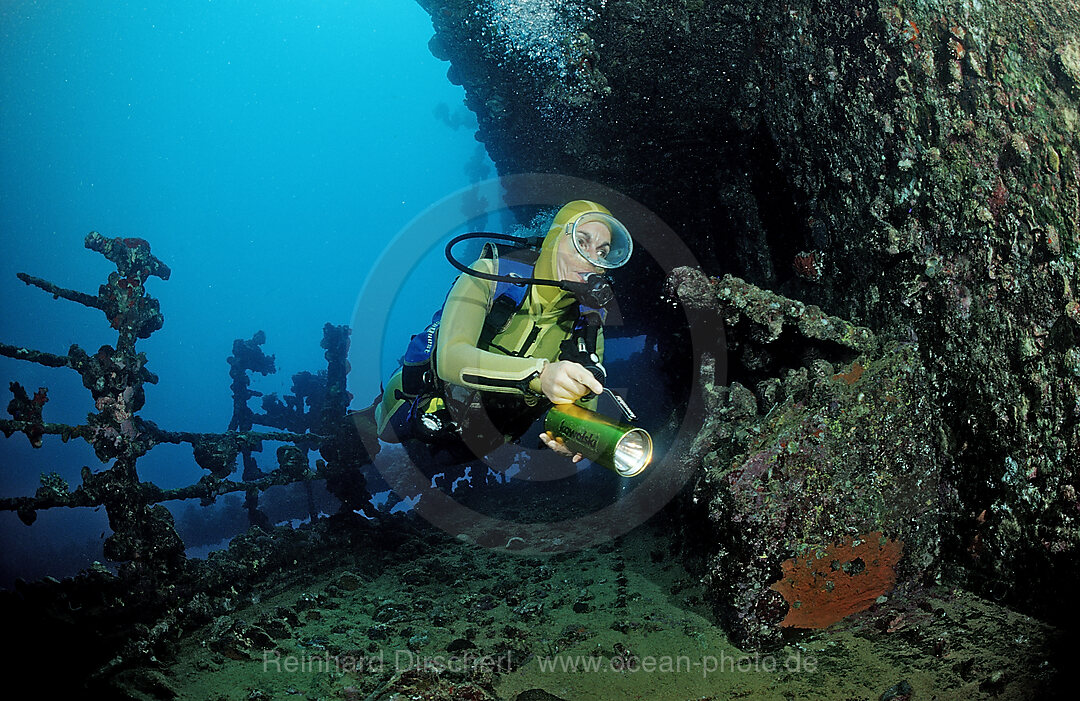 Scuba diver diving on Umbria shipwreck