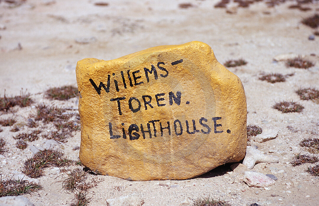 Markierstein Willemstoren Leuchtturm, Bonaire, Niederlaendische Antillen, Bonaire