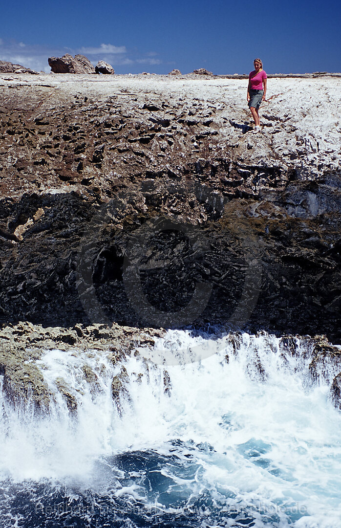 Woman and surging billows, Caribbean Sea, Washington Slagbaai National Park, Suplad, Netherlands Antilles, Bonaire