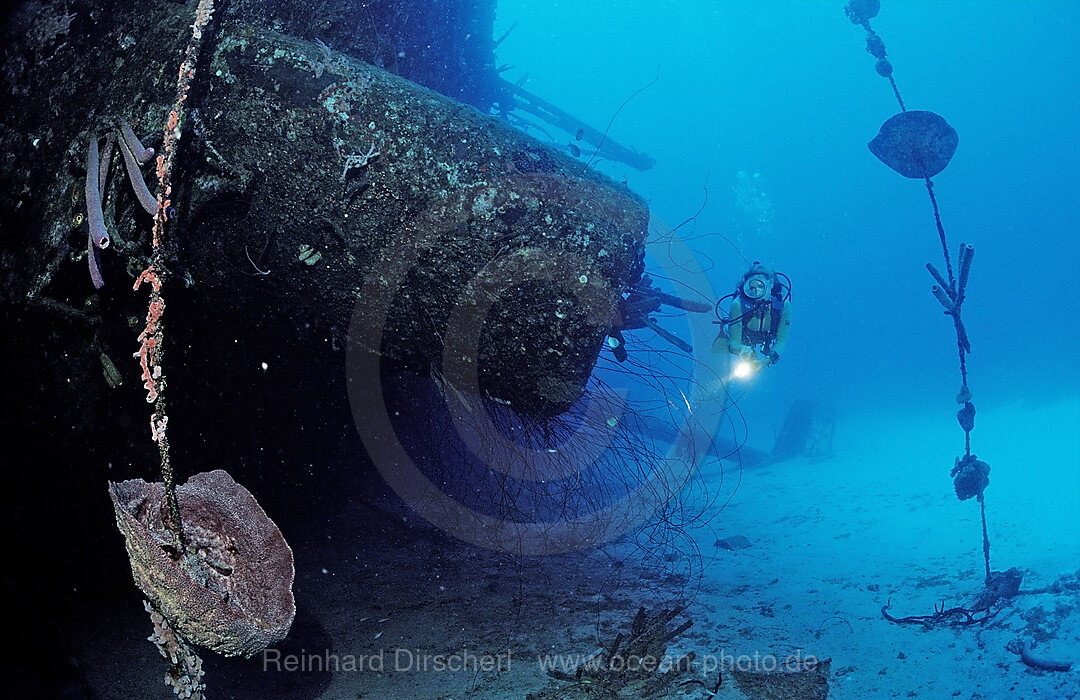 Scuba diver on the Hilma Hooker Ship Wreck, Caribbean Sea, Netherlands Antilles, Bonaire