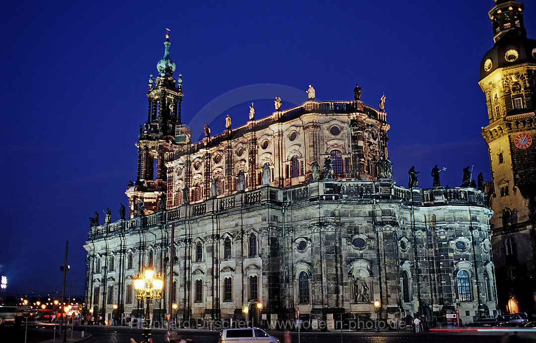 Hofkirche, Hausmannsturm and Schloss at night, Dresden, Germany