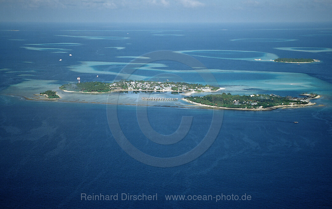 Luftaufnahme der Malediven, Indischer Ozean, Sued-Male Atoll, Dhigufinolhu, Veligandu, Bodu Huraa, Malediven