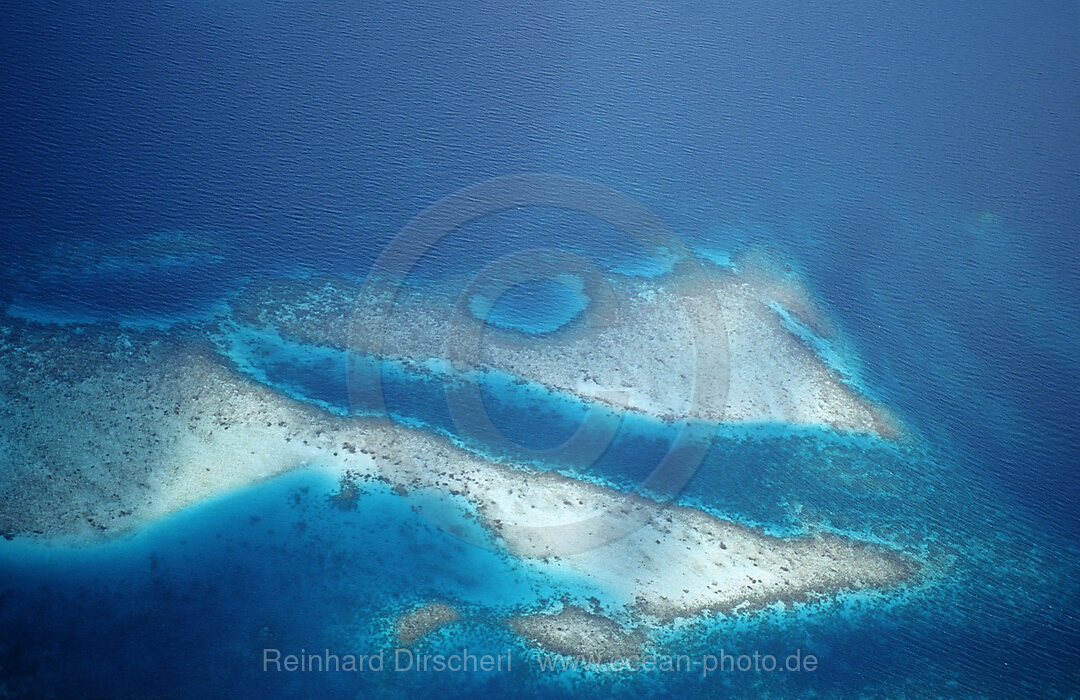 Luftaufnahme von Korallenriffen der Malediven, Indischer Ozean, Felidu Atoll, Malediven