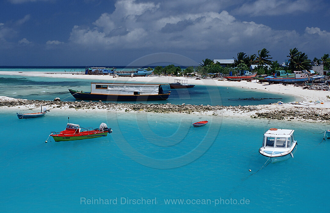 Fischerboote und Dhonis vor Malediveninsel, Indischer Ozean, Meemu Atoll, Malediven