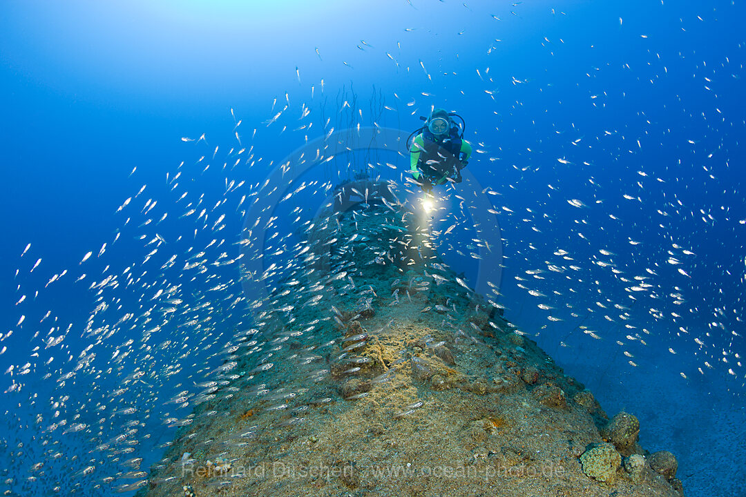 Diver over Stern of USS Apogon Submarine, Bikini Atoll, Micronesia, Pacific Ocean, Marshall Islands