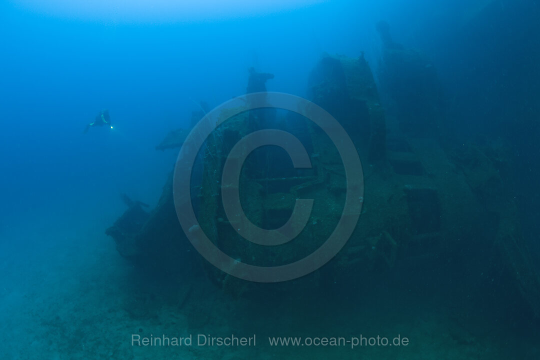 Diver at the Bridge of HIJMS Nagato Battleship, Bikini Atoll, Micronesia, Pacific Ocean, Marshall Islands