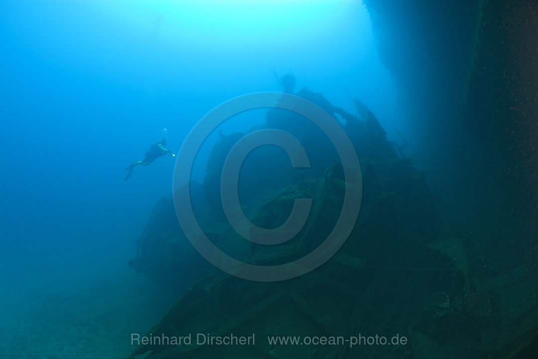 Diver at the Bridge of HIJMS Nagato Battleship, Bikini Atoll, Micronesia, Pacific Ocean, Marshall Islands