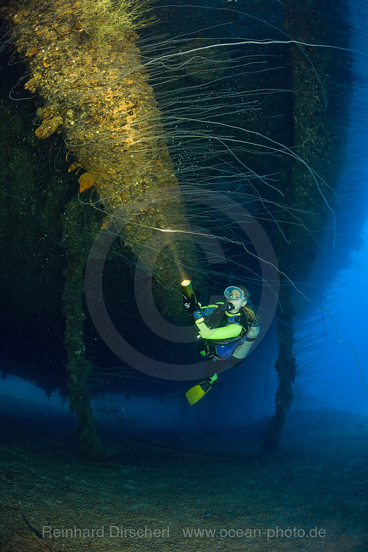 Taucher am massiven 16-Zoll 45 Kaliber Geschuetz unter der HIJMS Nagato, Bikini Atoll, Mikronesien, Pazifik, Marschallinseln