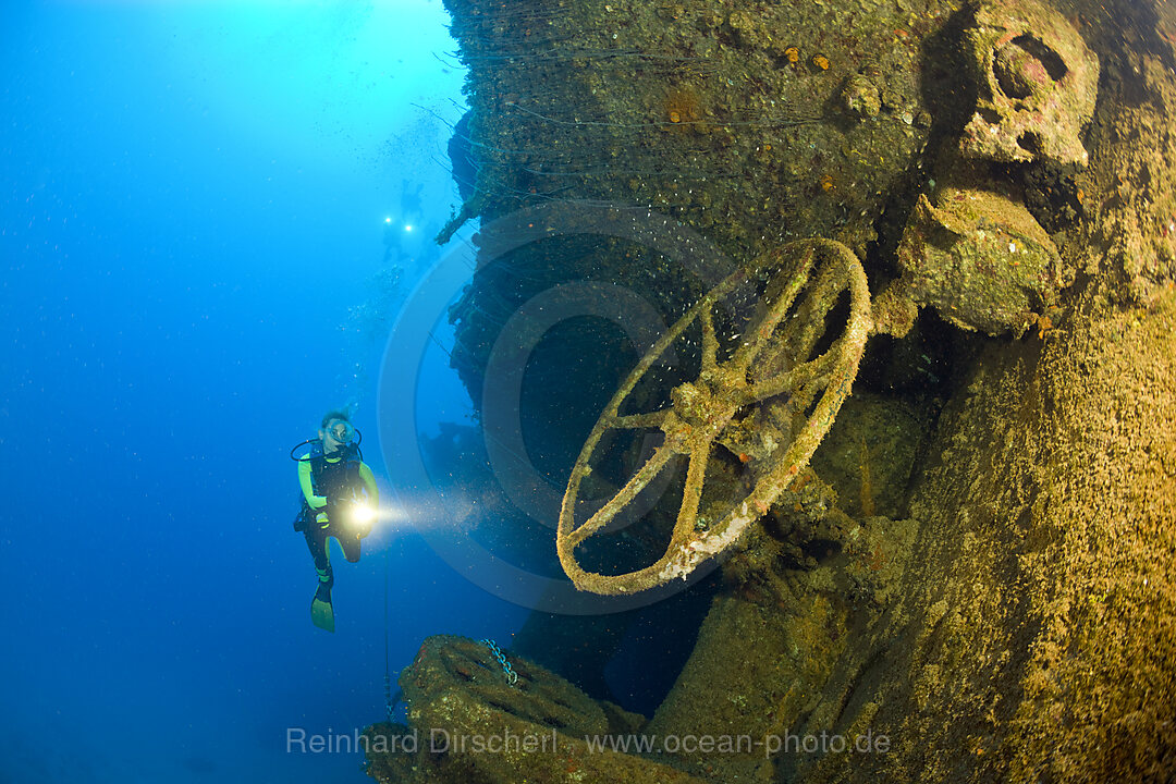 Diver explores Wheels and Wreckage of HIJMS Nagato Battleship, Bikini Atoll, Micronesia, Pacific Ocean, Marshall Islands