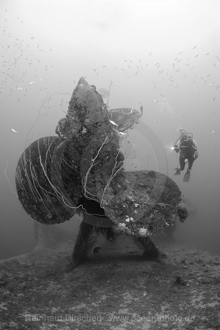 Diver at Propeller of HIJMS Nagato Battleship