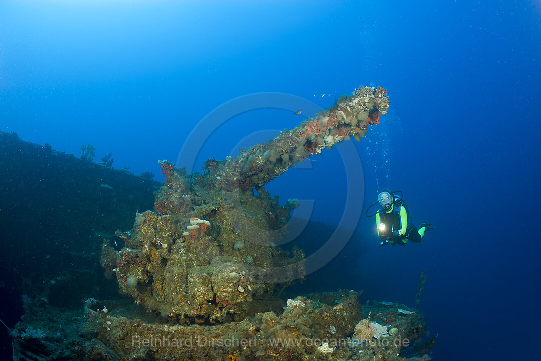 Diver at 5-inch Gun of USS Saratoga, Bikini Atoll, Micronesia, Pacific Ocean, Marshall Islands