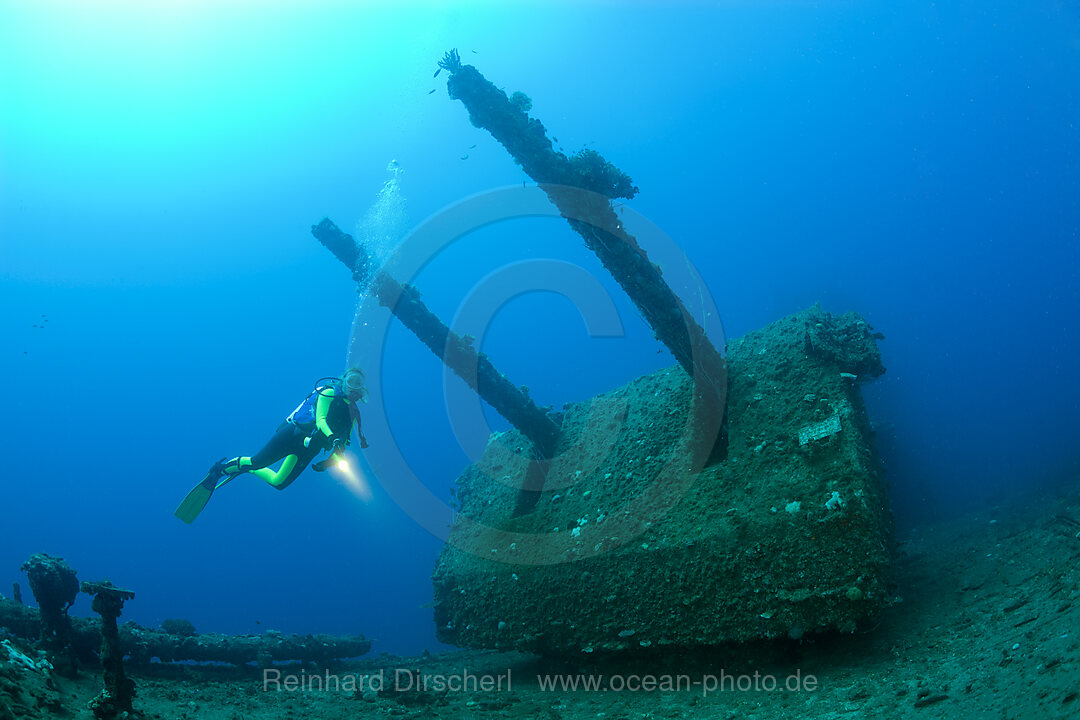 Diver and Twin 8-inch 55 caliber Gun on USS Saratoga, Bikini Atoll, Micronesia, Pacific Ocean, Marshall Islands