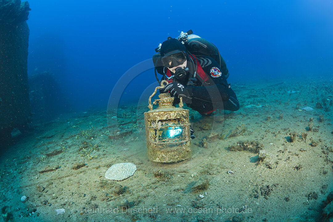 Diver and old Lamp at Flight Deck on USS Saratoga, Bikini Atoll, Micronesia, Pacific Ocean, Marshall Islands