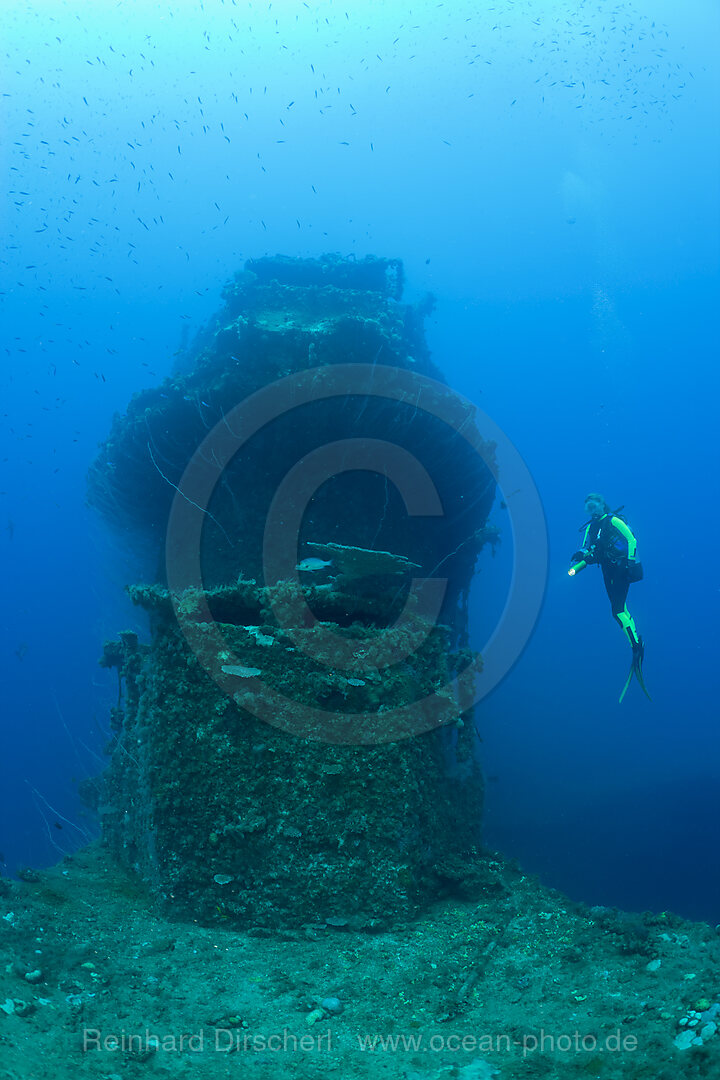 Bridge of USS Saratoga and Diver, Bikini Atoll, Micronesia, Pacific Ocean, Marshall Islands