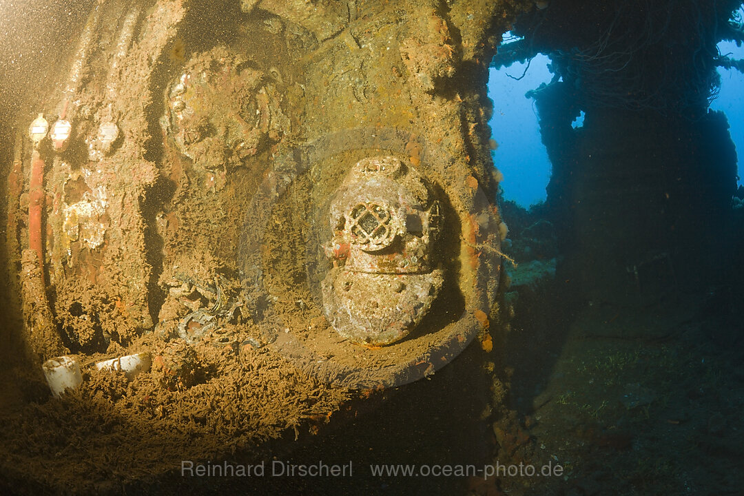 Diving Helmet on Brigde of USS Saratoga, Bikini Atoll, Micronesia, Pacific Ocean, Marshall Islands