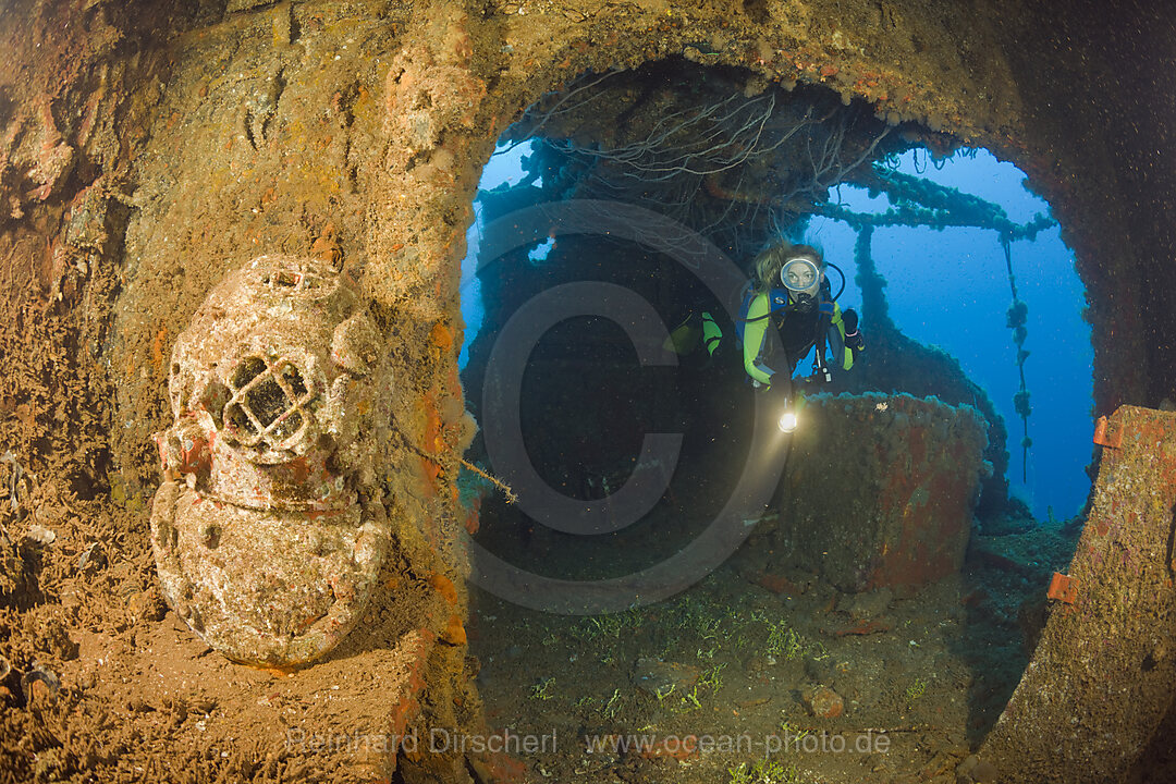 Diver discover Diving Helmet on Brigde of USS Saratoga, Bikini Atoll, Micronesia, Pacific Ocean, Marshall Islands