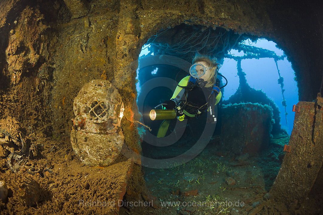 Diver discover Diving Helmet on Brigde of USS Saratoga, Bikini Atoll, Micronesia, Pacific Ocean, Marshall Islands