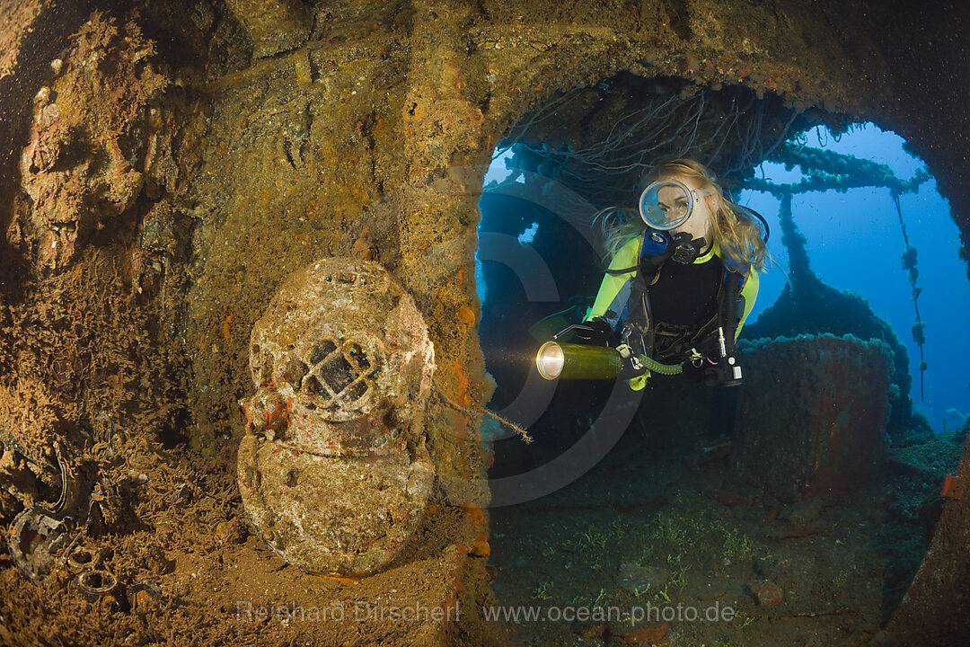 Diver discover Diving Helmet on Brigde of USS Saratoga, Bikini Atoll, Micronesia, Pacific Ocean, Marshall Islands