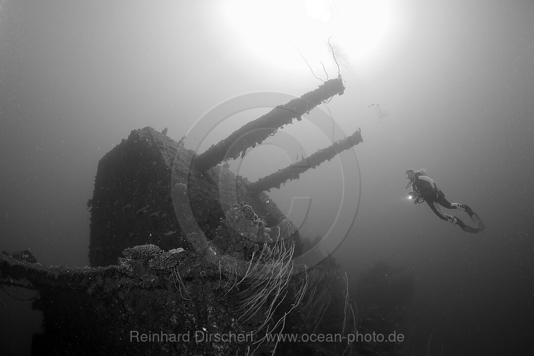 Diver and Twin 8-inch 55 caliber Gun on USS Saratoga, Bikini Atoll, Micronesia, Pacific Ocean, Marshall Islands