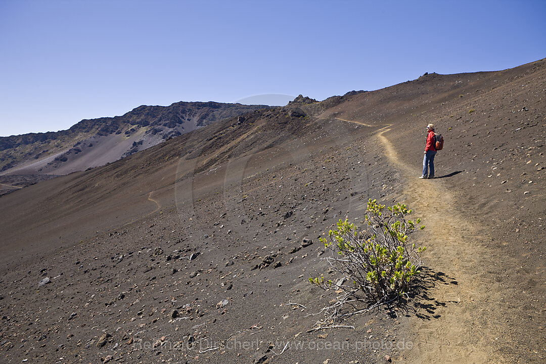 Touristin im Krater des Haleakala Vulkan