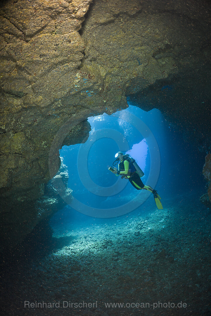 Diver at Caves of Lava Tubes, Cathedrals of Lanai, Maui, Hawaii, USA