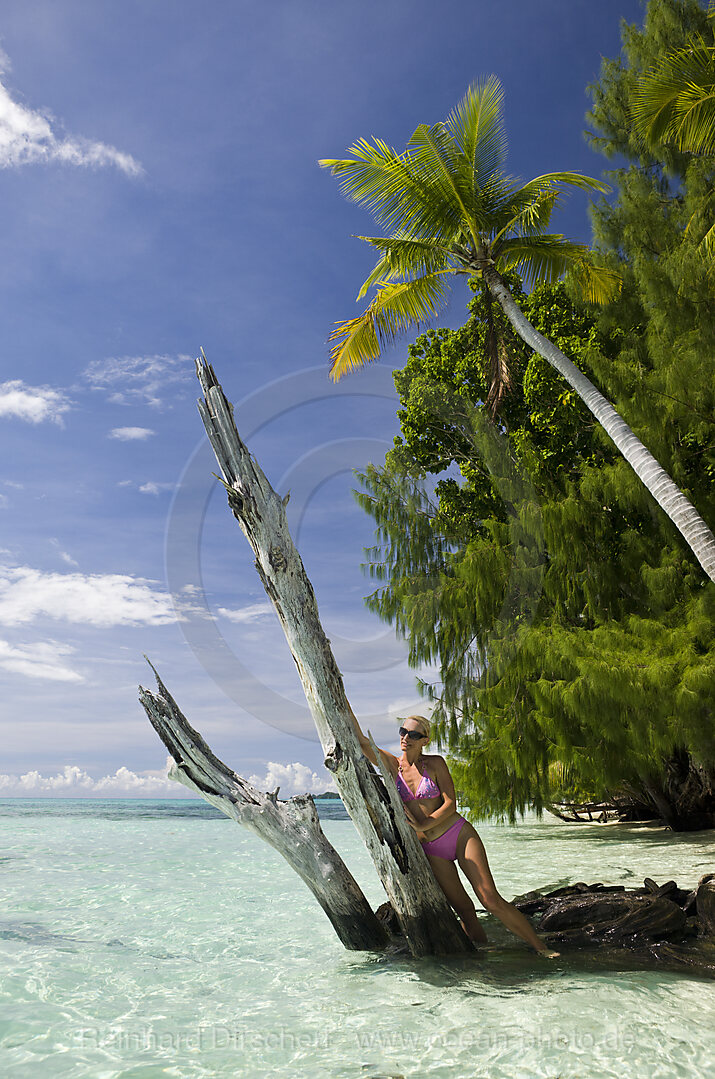 Touristin am Palmenstrand, Mikronesien, Palau