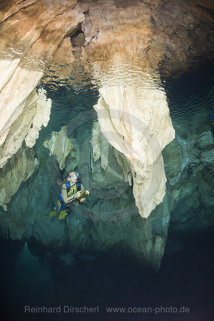 Taucher in Chandelier Cave Unterwasser-Tropfsteinhoehle, Mikronesien, Palau