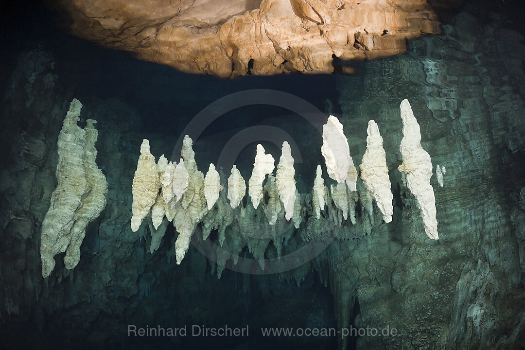 Taucher in Chandelier Cave Unterwasser-Tropfsteinhoehle, Mikronesien, Palau